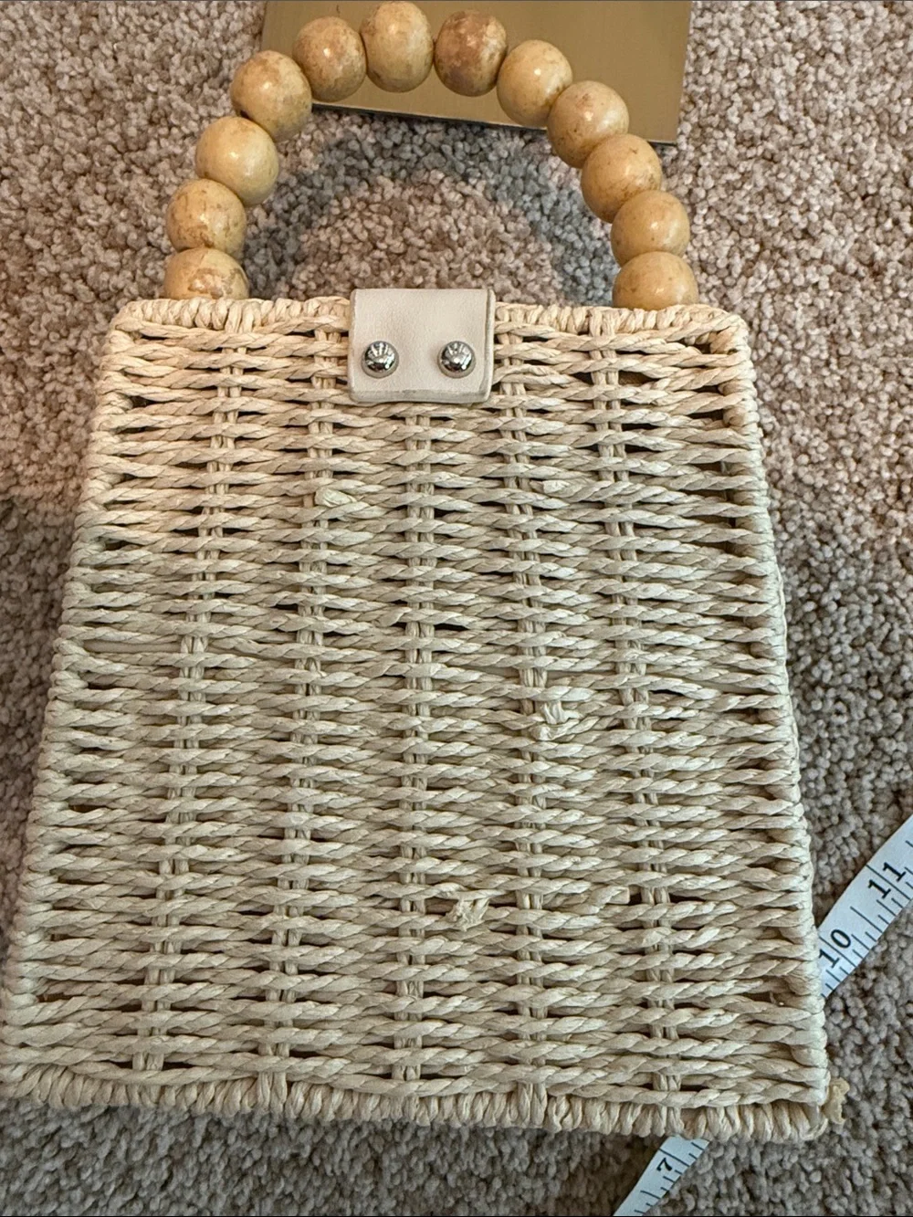Woven Rattan Box Handbag with Beaded Handle – Cream